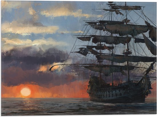 WallClassics - Vlag - Groot Piratenschip op Zee met Zon - 40x30 cm Foto op Polyester Vlag