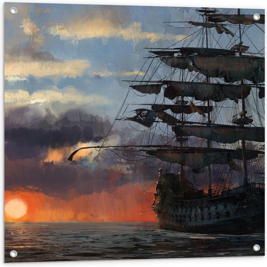 WallClassics - Tuinposter – Groot Piratenschip op Zee met Zon - 80x80 cm Foto op Tuinposter  (wanddecoratie voor buiten en binnen)