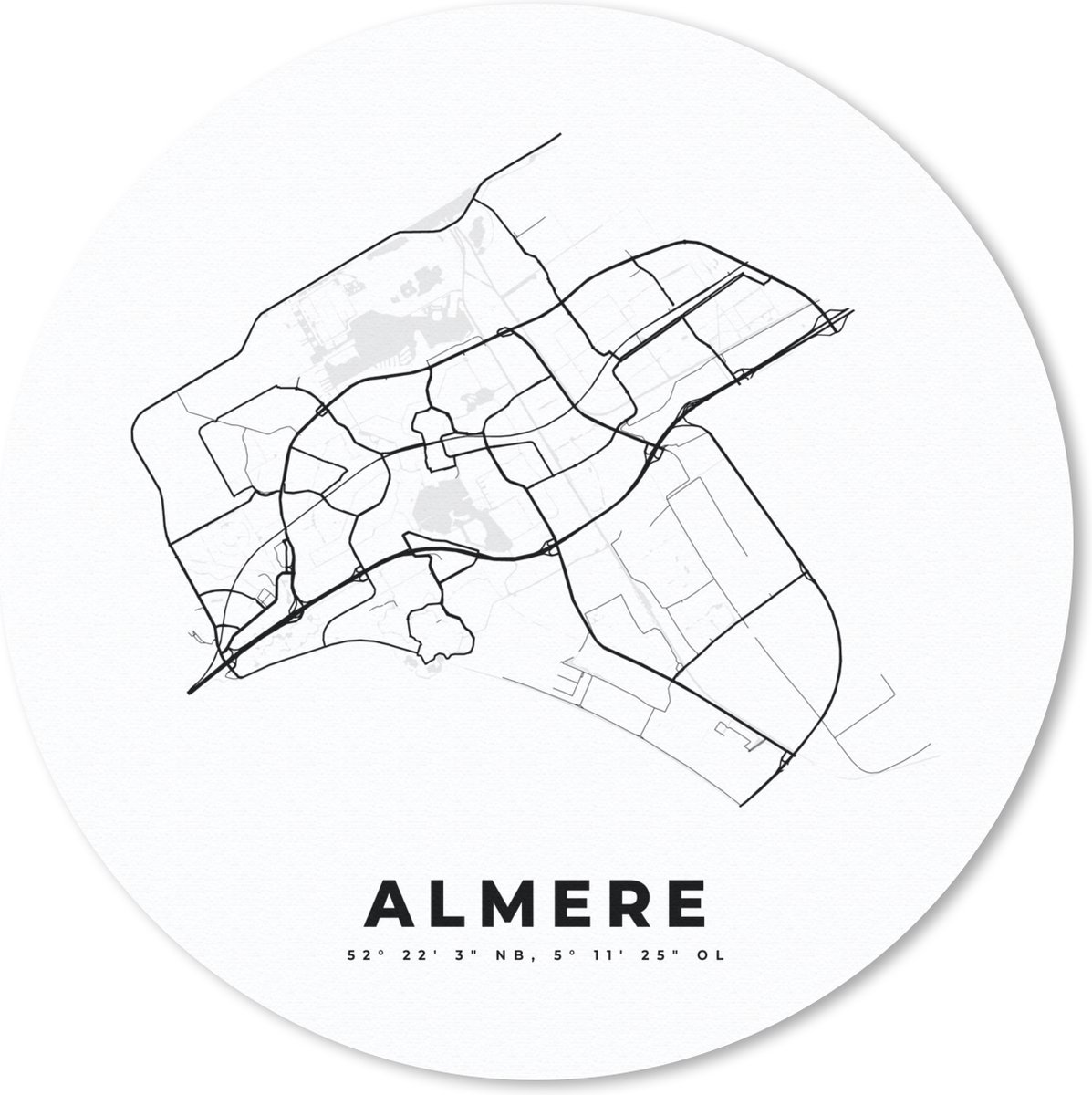 Muismat rond 50x50 cm - Mousepad Kaart – Plattegrond – Stadskaart – Almere – Nederland – Zwart Wit - Ronde muismatten - Stadskaart