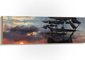 WallClassics - Hout - Groot Piratenschip op Zee met Zon - 120x40 cm - 12 mm dik - Foto op Hout (Met Ophangsysteem)