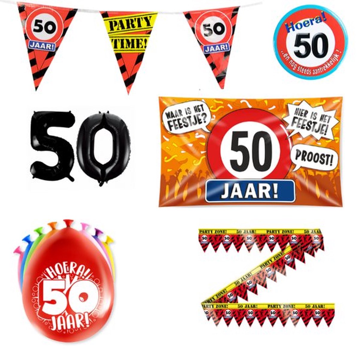 50 jaar versiering pakket - Versiering Verjaardag Abraham/Sarah - Versiering 50 Jaar Verjaardag - Slingers - Gevelvlag - Ballonnen - Afzetlint - FolieBallon - Button - Merkloos