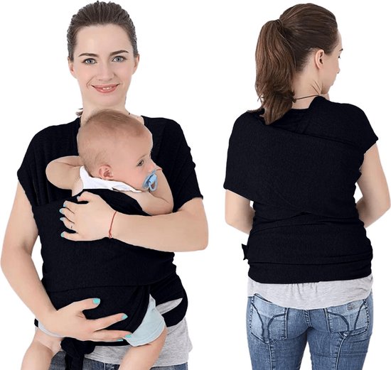 Baby Mama Draagdoek Zwart - Rekbaar - Biologisch Katoen - Ergonomisch - Draagzak - Tot 15KG
