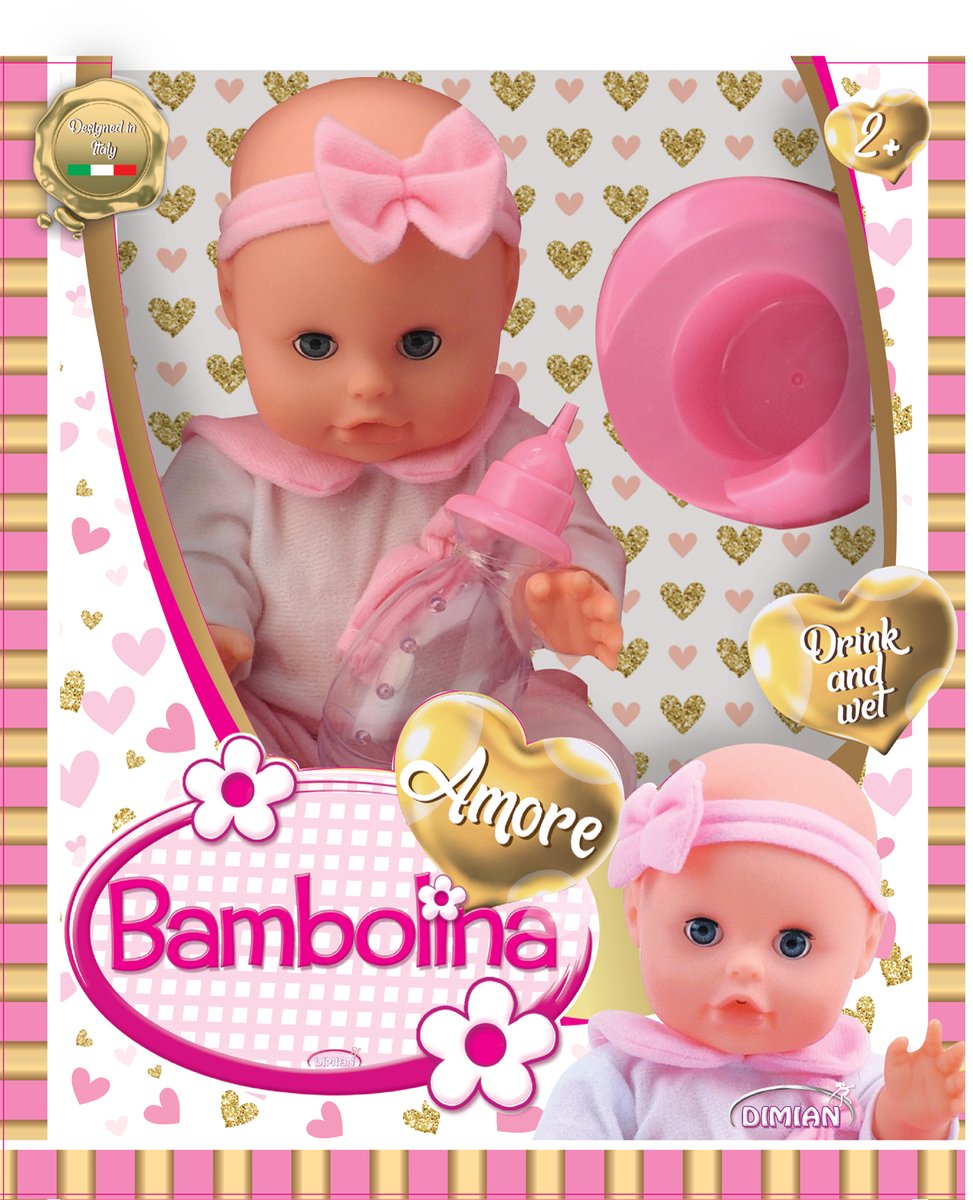 Pop met potje en drinkfles - Amore - 33 cm.