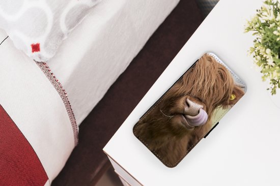 Bookcase téléphone iPhone 13 Mini Bookcase - Scottish Highlander - Marron - Animaux - Avec compartiments - Étui portefeuille avec fermeture magnétique