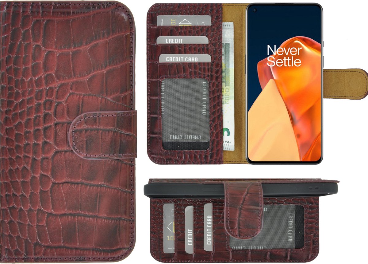 OnePlus 9 Hoesje - Bookcase - Portemonnee Hoes Echt leer Wallet case Croco Bordeauxrood