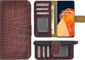 OnePlus 9 Hoesje - Bookcase - Portemonnee Hoes Echt leer Wallet case Croco Bordeauxrood