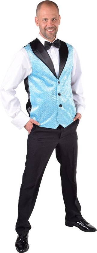 Magic By Freddy's - Feesten & Gelegenheden Kostuum - Lichtblauw Show Vest Pailletten Man - Blauw - Extra Small / Small - Carnavalskleding - Verkleedkleding