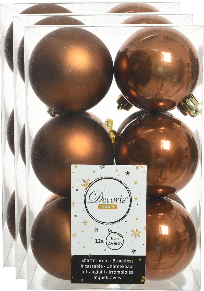 36x stuks kunststof kerstballen kaneel bruin 6 cm - Mat/glans - Onbreekbare plastic kerstballen Set van 36 bruine kunststof kerstballen met kaneelgeur, 6 cm, mat/glans afwerking - Onbreekbaar plastic - Decoris.