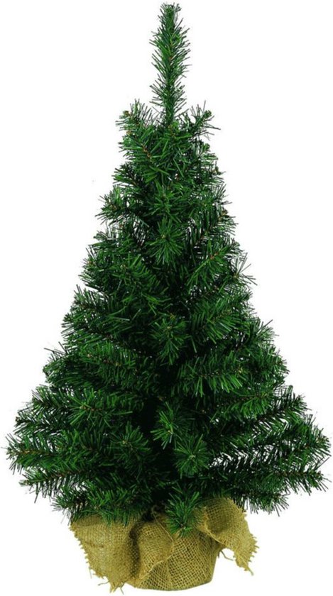 Groene kunst kerstboom/kerstboompje 90 cm met jute zak/kluit - Kerstversieringen/kerstdecoraties
