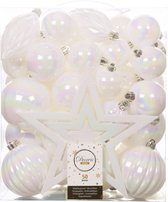 Set de 49 x Boules de Noël en plastique avec pic étoilé nacre blanc mix - Incassable - Décorations de Noël/ décorations d'arbres