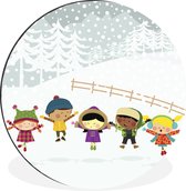 WallCircle - Wandcirkel - Muurcirkel - Een illustratie van vijf kinderen in de sneeuw - Aluminium - Dibond - ⌀ 90 cm - Binnen en Buiten