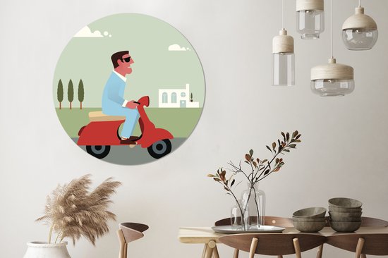 Illustration d'un homme sur une Vespa rouge Cercle mural aluminium ⌀ 120 cm - Tirage photo sur cercle mural / cercle vivant / cercle jardin (décoration murale) XXL / Groot format!