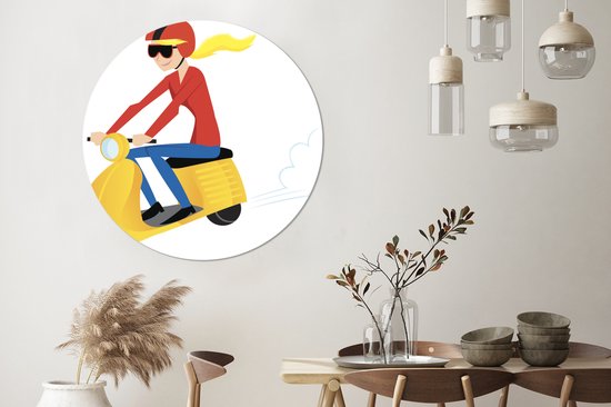 Illustration d'une fille sur une Vespa jaune Cercle mural aluminium ⌀ 120 cm - tirage photo sur cercle mural / cercle vivant / cercle jardin (décoration murale) XXL / Groot format!