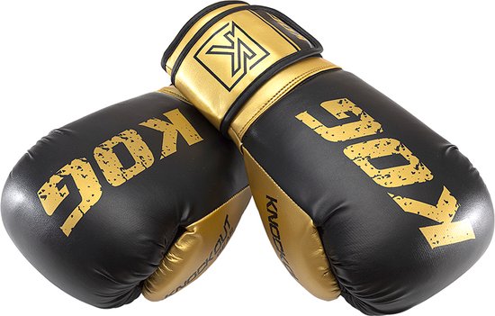 Twee zwarte bokshandschoenen met gouden KOG-opdruk, gekruist.