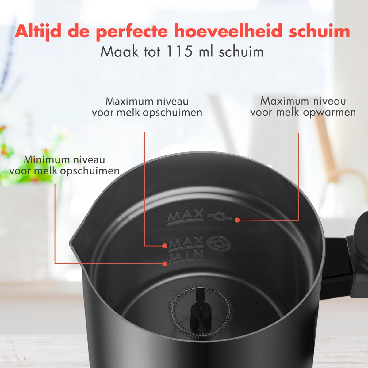 KitchenBrothers Elektrische Melkopschuimer - Melkklopper - BPA- & PFAS-Vrij - 240 ml - Voor Cappuccino en Latte - Handige Melkschuimer - Zwart — cadeau in Kookcadeaus - foto 5