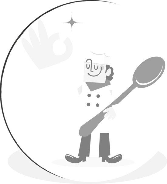 WallCircle - Wandcirkel - Muurcirkel - Een illustratie van een kok met een enorme hand - zwart wit - Aluminium - Dibond - ⌀ 120 cm - Binnen en Buiten XXL