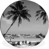 WallCircle - Wandcirkel - Muurcirkel - Palmbomen en ligstoelen op het strand van Boracay - zwart wit - Aluminium - Dibond - ⌀ 140 cm - Binnen en Buiten