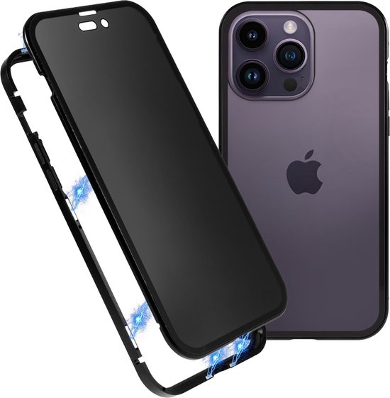 Cazy Magnetic Glass Privacy Hoesje geschikt voor iPhone 14 Pro Max - Zwart
