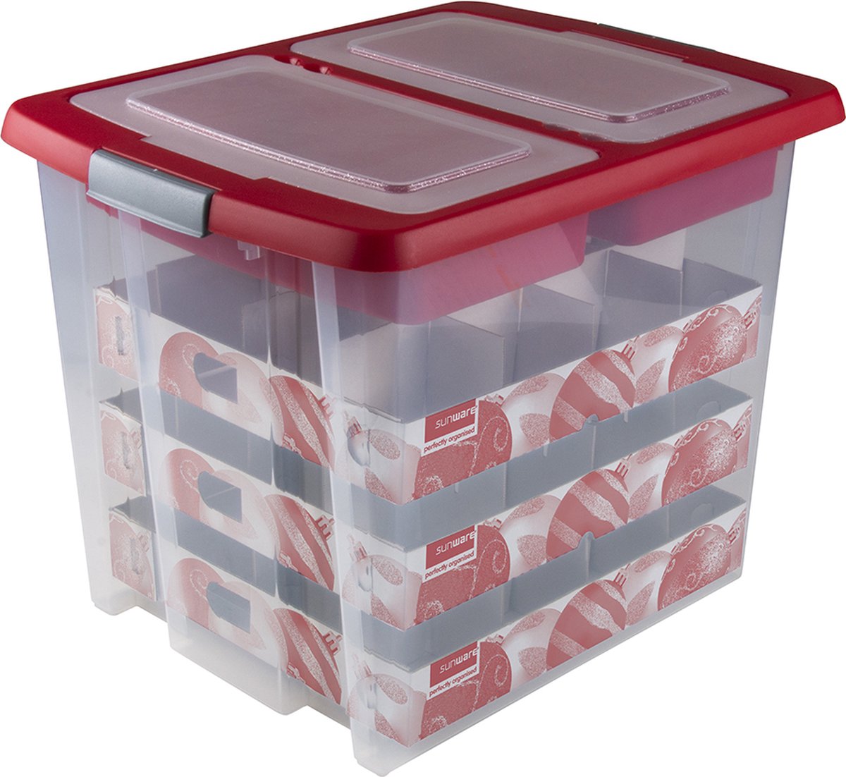 Nesta Kerstballen Opbergbox 45L - Trays voor 48 kerstballen - Transparant/rood