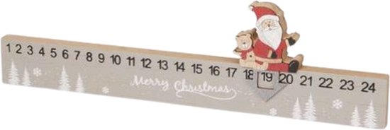 Decoratie kalender ''Aftellen tot Kerst'' met kerstman - Christmas Countdown - Grijs / Wit - Hout - Kerstboom - 38 x 5 x 2 cm