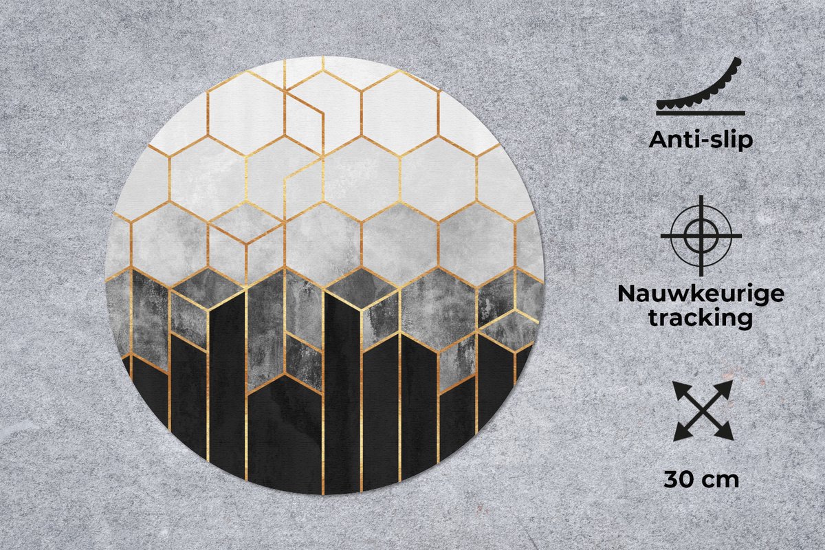 Muismat rond 30x30 cm - Mousepad Goud - Hexagon - Chic - Patronen - Luxe - Ronde muismatten