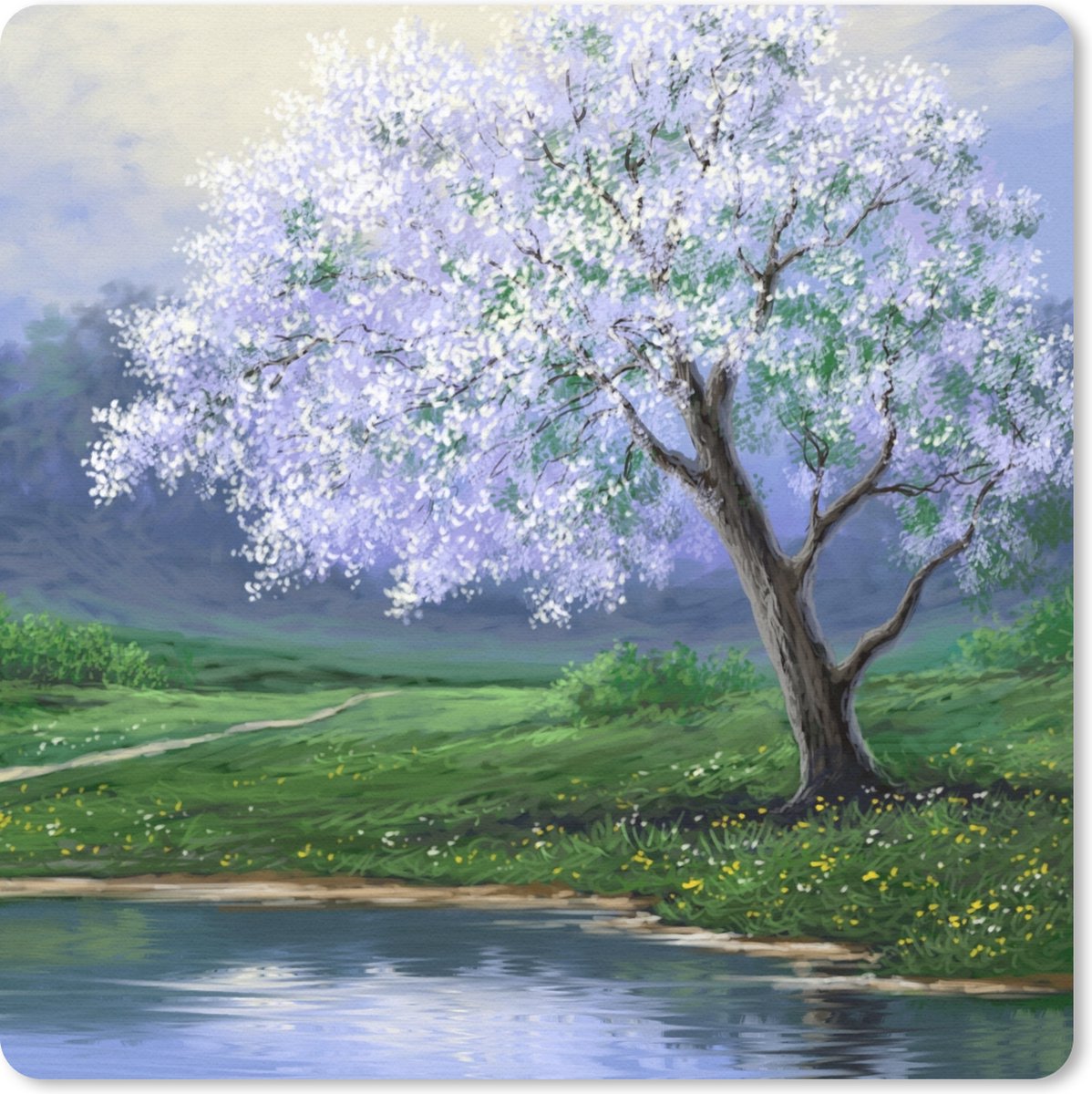 Muismat 30x30 cm - Mousepad Schilderij - Boom - Bloesem - Natuur - Water - Muismatten