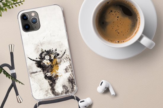 Coque avec cordon iPhone 13 Pro Max - Highlander écossais - Peinture - Fleurs - Siliconen - Bandoulière - Coque arrière avec cordon - Coque pour téléphone avec cordon - Coque avec corde