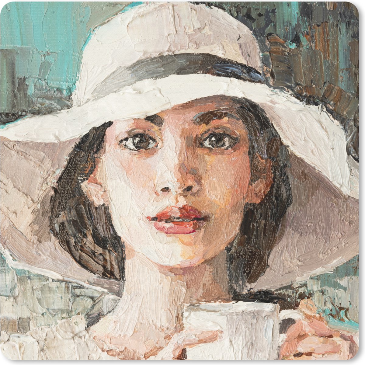 Muismat 20x20 cm - Mousepad Schilderij - Olieverf - Vrouw - Koffie - Hoed - Muismatten