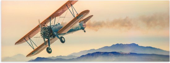 WallClassics - Poster (Mat) - Klein Vliegtuig boven Bergen - 60x20 cm Foto op Posterpapier met een Matte look