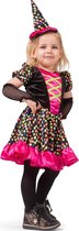Funny Fashion - Heks & Spider Lady & Voodoo & Duistere Religie Kostuum - Betoverende Confetti Heks - Meisje - Roze, Zwart - Maat 86 - Halloween - Verkleedkleding