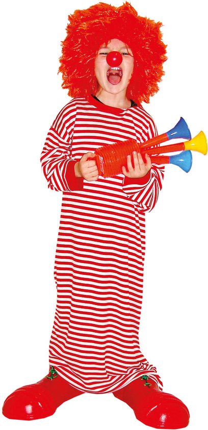 Funny Fashion - Clown & Nar Kostuum - Lekker Lang Gestreept Shirt Clown Kind Kostuum - rood,wit / beige - Maat 116 - Carnavalskleding - Verkleedkleding