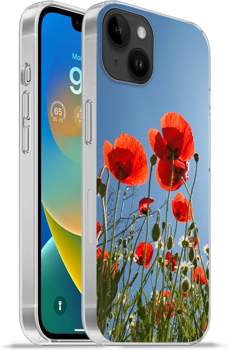 Telefoonhoesje Geschikt voor Apple Iphone 14 Plus hoesje - Felle zon boven een aantal klaprozen in Spanje - Siliconen Telefoonhoesje Telefoonhoesje