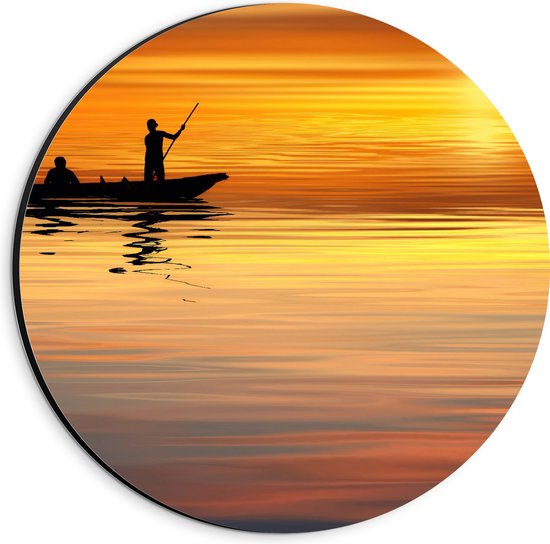 WallClassics - Dibond Muurcirkel - Silhouet van Visser op Boot met Zonsondergang - 20x20 cm Foto op Aluminium Muurcirkel (met ophangsysteem)