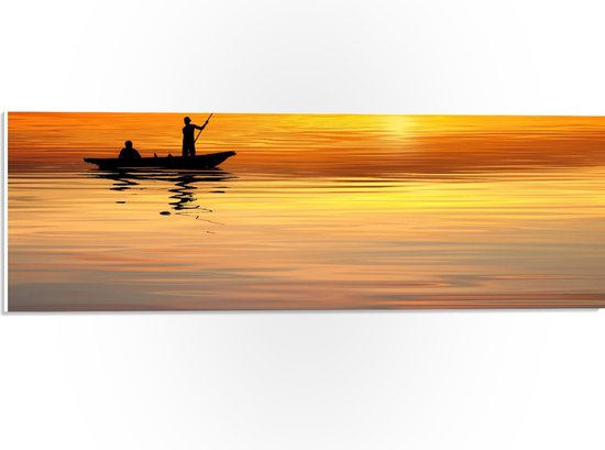 WallClassics - PVC Schuimplaat- Silhouet van Visser op Boot met Zonsondergang - 60x20 cm Foto op PVC Schuimplaat