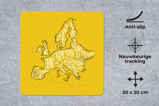 Muismat 20x20 cm - Mousepad Kaart - Europa - Geel - Wit - Muismatten