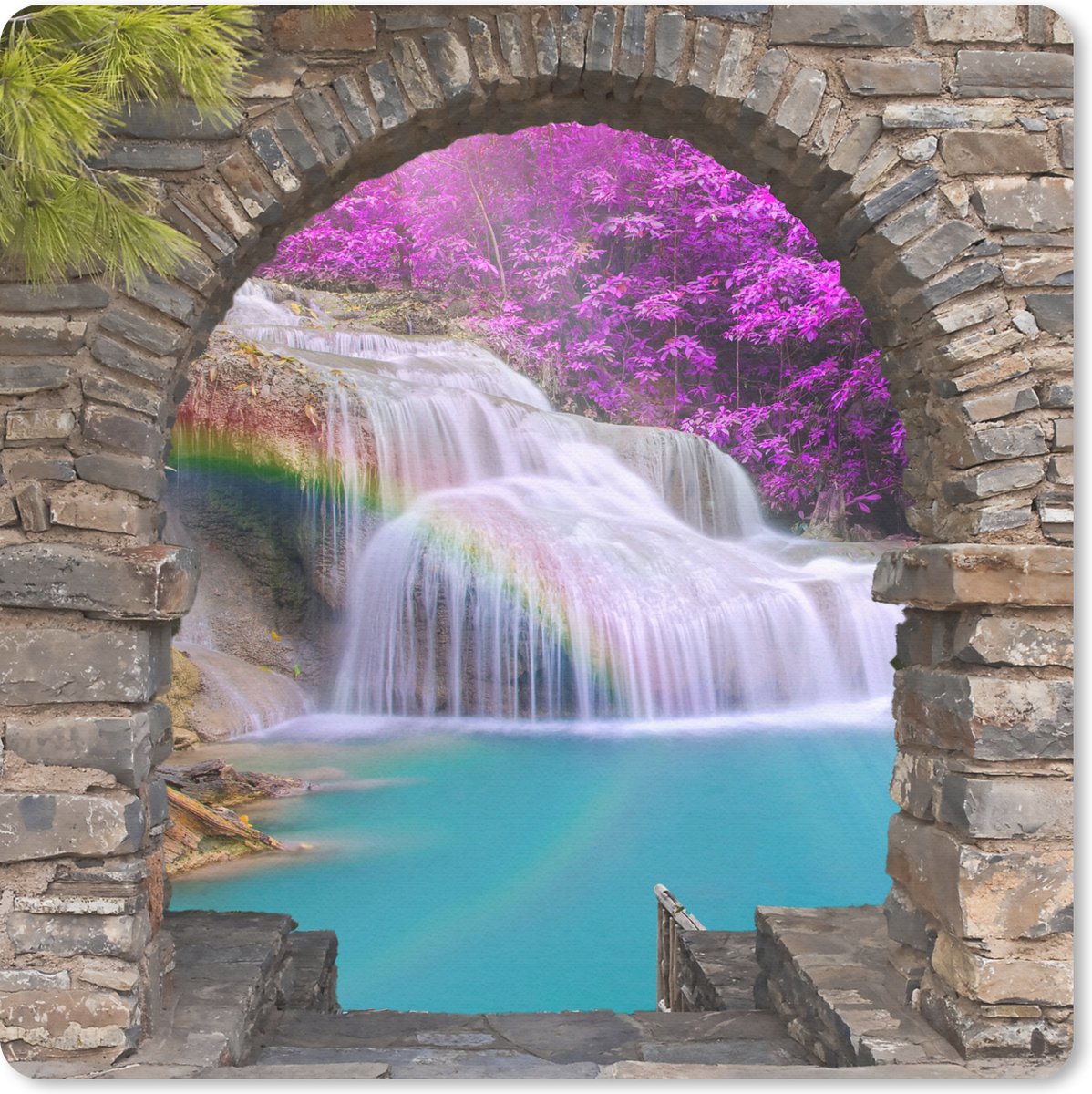 Muismat 30x30 cm - Mousepad Bloemen - Regenboog - Waterval - Doorkijk - Muismatten