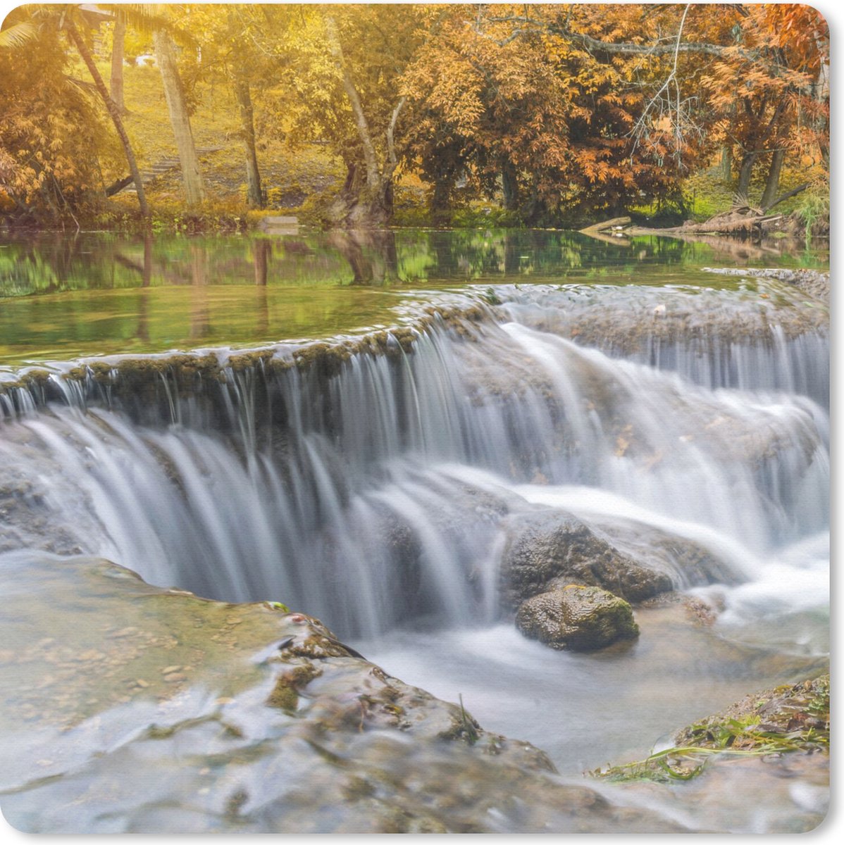 Muismat 20x20 cm - Mousepad Herfst - Waterval - Natuur - Bomen - Muismatten