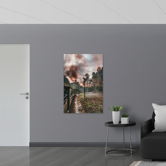 WallClassics - Bois - Train à vapeur entre les Arbres - 80x120 cm - 12 mm d'épaisseur - Photo sur bois (avec système de suspension)