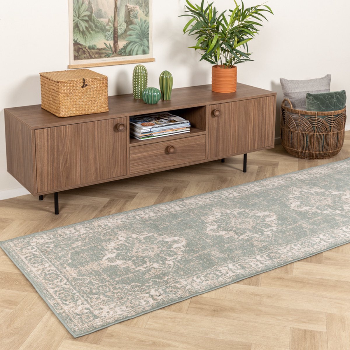Fraai Vintage loper - Spring Medaillon Groen/Creme - 80x250cm