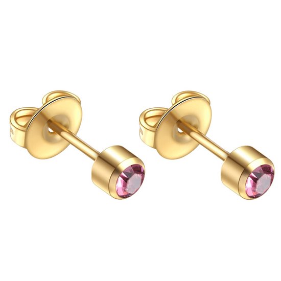 Stalen goudkleurige zweerknopjes met 3mm roze kristal steentje steriel verpakt geschikt voor oorschieter