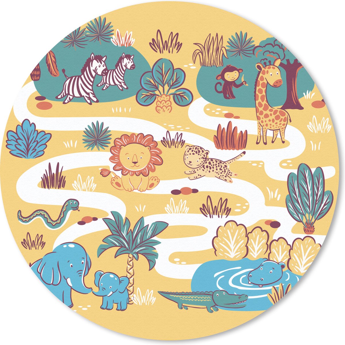 Muismat rond 50x50 cm - Mousepad Safari - Dieren - Kinderen - Ronde muismatten