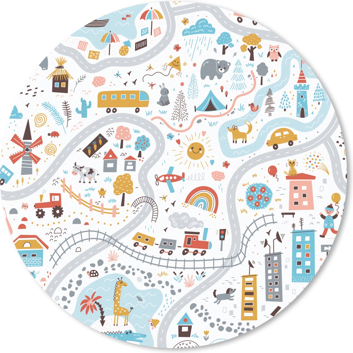 Muismat rond 50x50 cm - Mousepad Kinderen - Auto - Stad - Dieren - Ronde muismatten