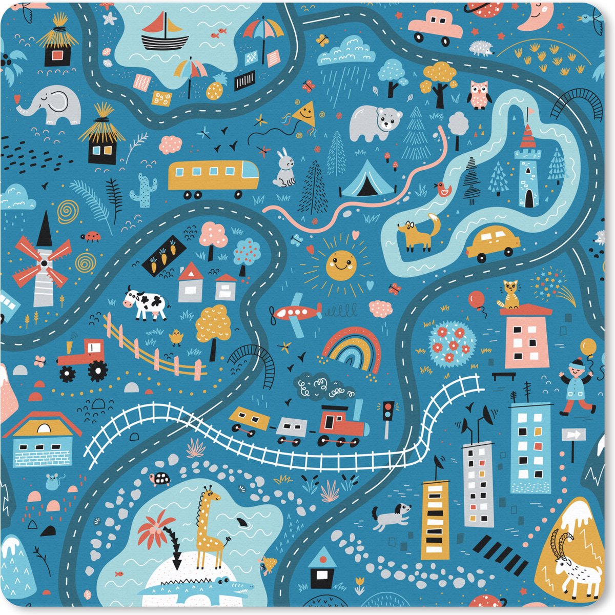 Muismat 30x30 cm - Mousepad Kinderen - Auto - Dieren - Blauw - Muismatten
