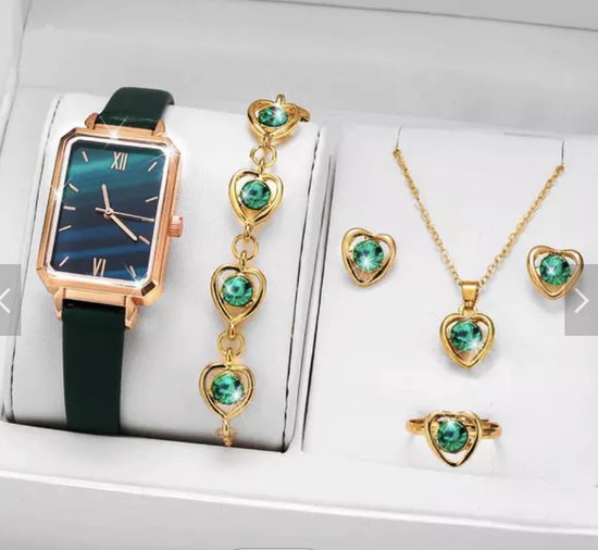 Coffret montre pour femme - coffret cadeau - coffret cadeau avec montre - boucles d'oreilles - collier - bracelet - bague - cadeau saint valentin pour elle - Vert - or