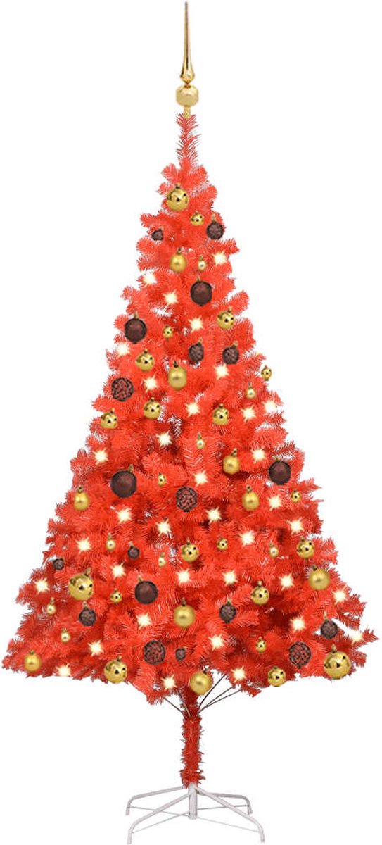 Prolenta Premium - Kunstkerstboom met LED's en kerstballen 150 cm PVC rood