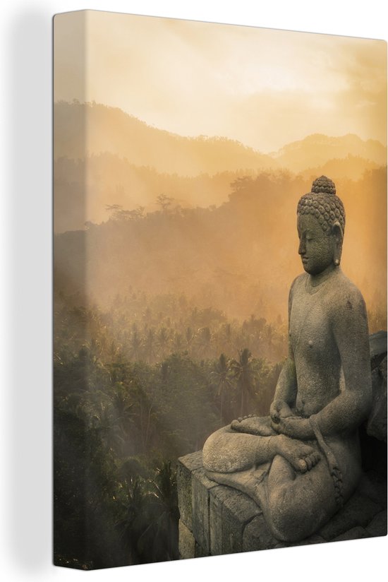 Statue de Bouddha au coucher du soleil 90x120 cm - Tirage photo sur toile (Décoration murale salon / chambre)