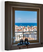 Canvas Schilderij Uitzicht op de zee vanuit een raam in Griekenland - 90x90 cm - Wanddecoratie