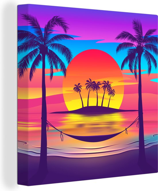 Canvas Schilderij Illustratie van een tropisch strand met kleurrijke zonsondergang - 90x90 cm - Wanddecoratie
