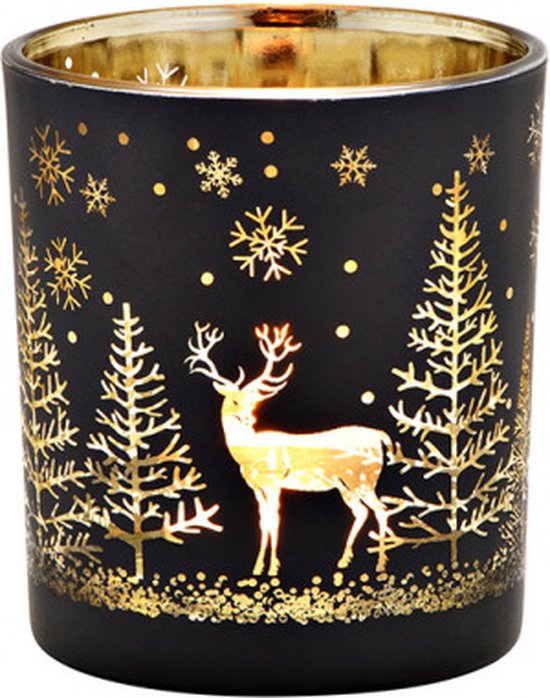 windlicht - waxinelichthouder - Lantaarn winterbosdecor van glas zwart 9x10x9cm , goud - kerst - rendier - MEDIUM