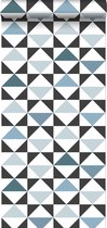ESTAhome behang grafische driehoeken wit, zwart, vintage blauw en lichtblauw - 139097 - 0,53 x 10,05 m